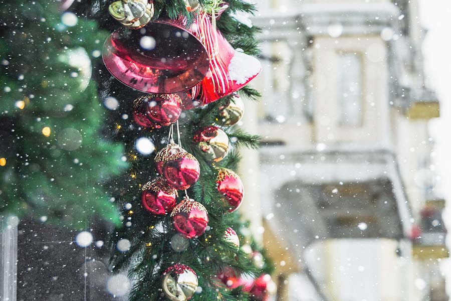 Christmas background decoration, decor. City Street, Christmas b