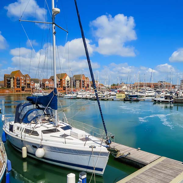 The moored yachts in harbor Sovereign Harbour Marina, Eastbourne, East Sussex, England