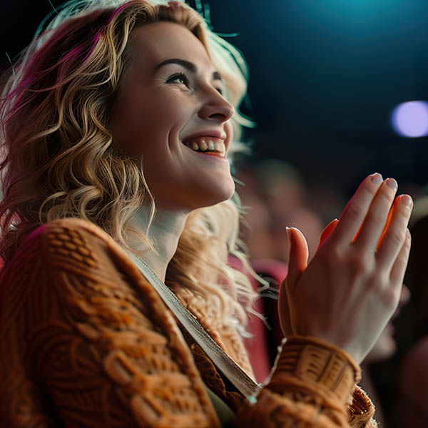 Woman in a audience in a theater applauding clap